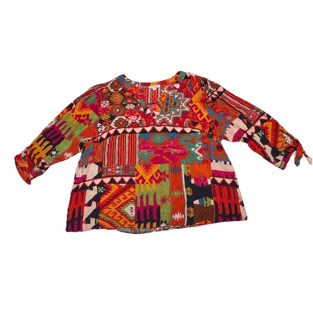 Christian Siriano New York 2X Boho Patchwork Print Blouse Tie Sleeve Top Shirt